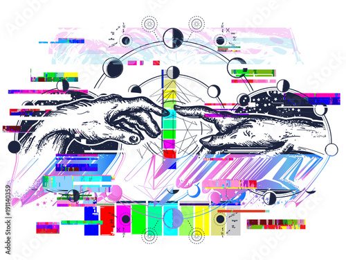 Hands glitch tattoo Renaissance. Bog and Adam, symbol of spirituality, religion, connection and interaction.  Glitch art. Michelangelo God's touch. Human hands touching with fingers