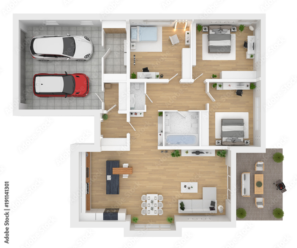 Floor plan top view. House interior isolated on white background. 3D render Stock Illustration | Stock