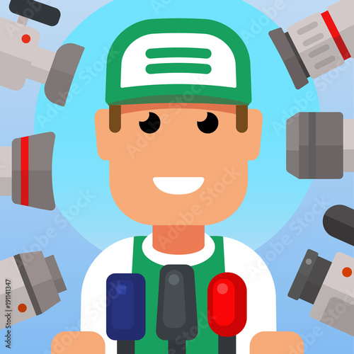 Interview of the winner. Around him paparazzi with cameras. Moment of glory. Speech of the winner on press conference. Vector flat illustration.