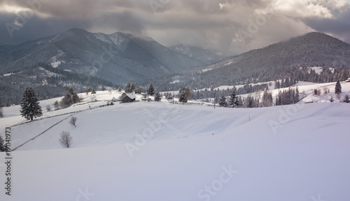winter in the mountains - small Romanian village in the Carpathians covered with snow