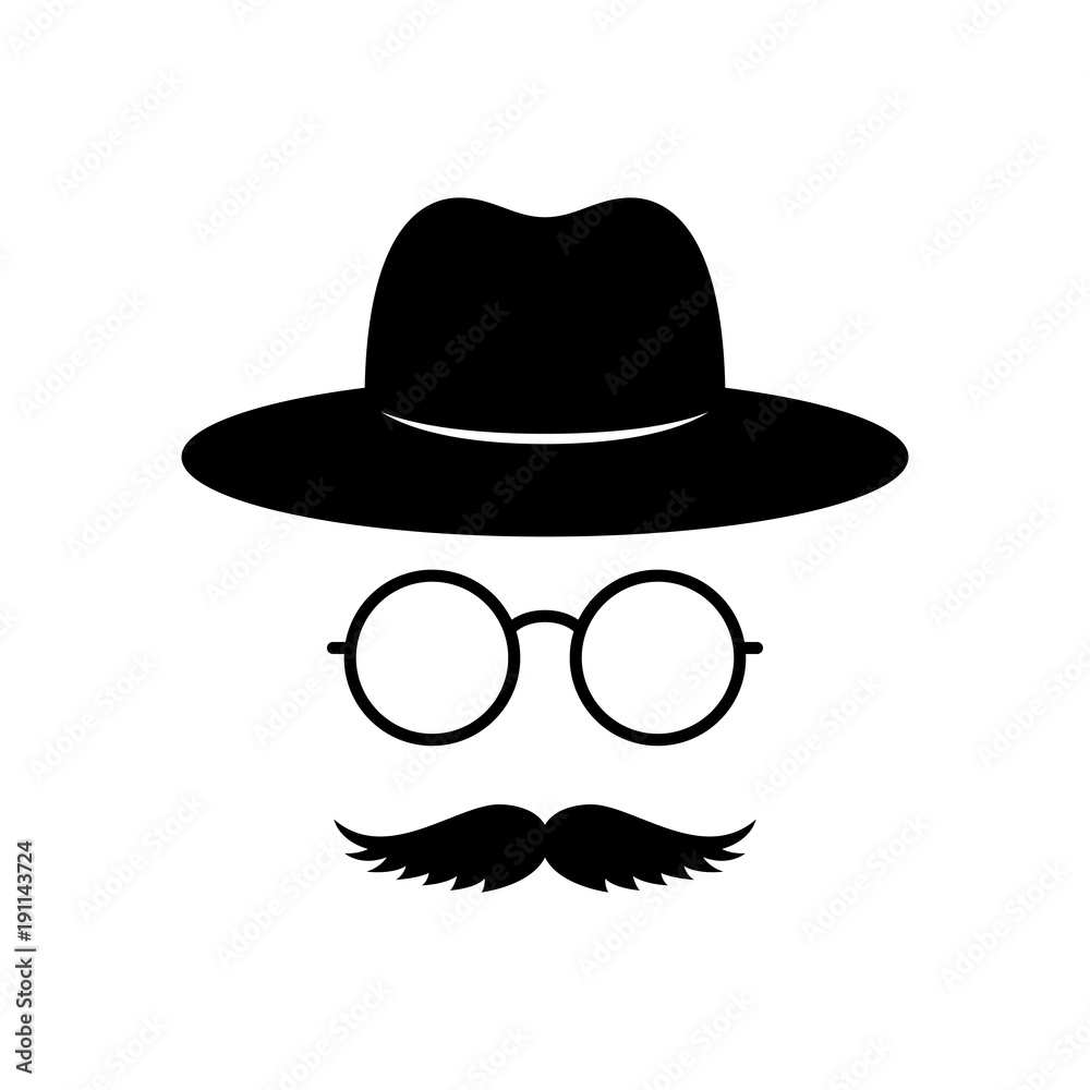 Man face with glasses, mustache and hat. Photo props. Gentleman. Detective. Vector