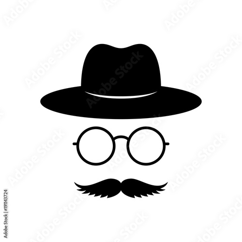 Man face with glasses, mustache and hat. Photo props. Gentleman. Detective. Vector