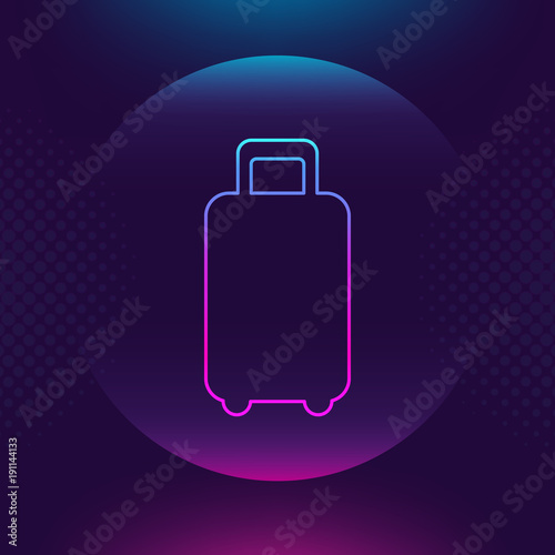 Baggage luggage outline vector icon. Flat thin button symbol. Neon luminous sign. Trip, traveling, travel concept. Ultra violet Trendy design web logo, mobile app, website social media, UI