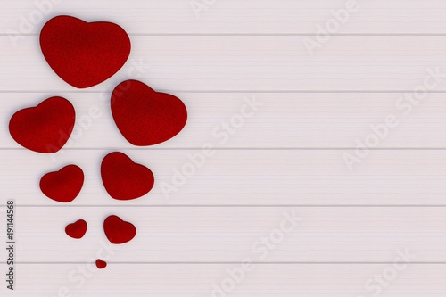 Valentine day background with red hearts, 3D rendering isolated on wood table background