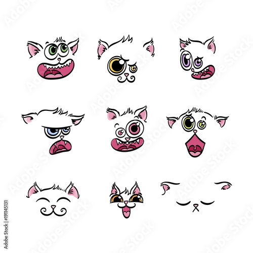 Set of expression emoticons. Set of kawaii cat emoji.
