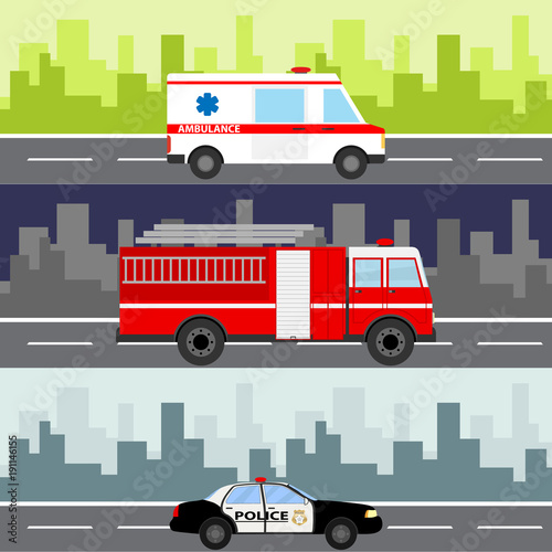 An ambulance, a fire truck, a police car on a city landscape background. Service auto vehicle, public and emergency transport, urban roadside assistance. © Dmitry