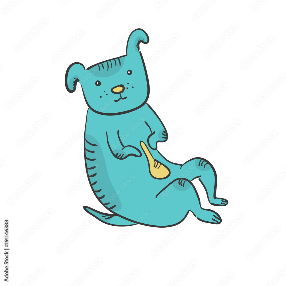 Flat funny hand drawn sketch of sitting outline blue dog. Thoughtful tired doodle dog with light yellow belly and hatching shadow. Cute animal symbol of 2018 chinese year Flat funny hand drawn sketch of sitting outline blue dog. Thoughtful tired doodle dog with light yellow belly and hatching shadow. Cute animal symbol of 2018 chinese year