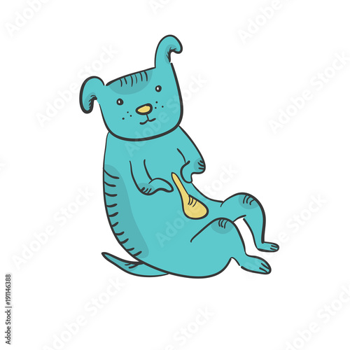 Flat funny hand drawn sketch of sitting outline blue dog. Thoughtful tired doodle dog with light yellow belly and hatching shadow. Cute animal symbol of 2018 chinese year