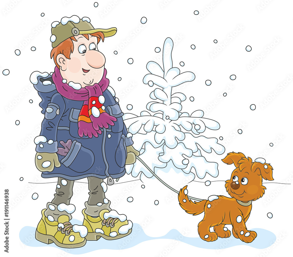 Naklejka premium Winter walk with a dog. A man wearing warm clothes and walking over snow with his funny pup, a vector illustration in cartoon style