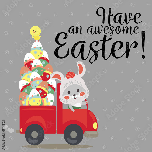 Set of Easter bunny drive car with truck  decorated eggs hunter holding full basket  cute white rabbit auto driver hunting  happy holiday vector greeting card  spring hare isolated illustration
