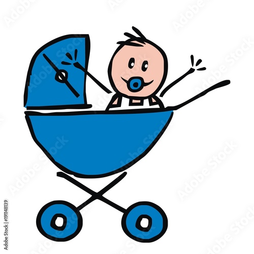babysitting, baby boy in the blue pram, funny illustration, doodle, vector icon