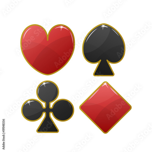 Playing card black and red suit icon with golden stroke. Hearts, Tiles Diamonds , Clovers Clubs , Pikes Spades . Vector illustration.