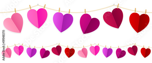 Vector illustration of colorful hearts strung along a clothesline. String can be joined end to end seamlessly to create longer strings.