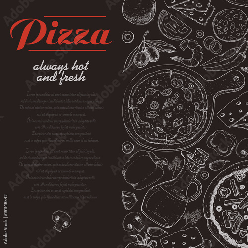 Vertical background with pizza and various products