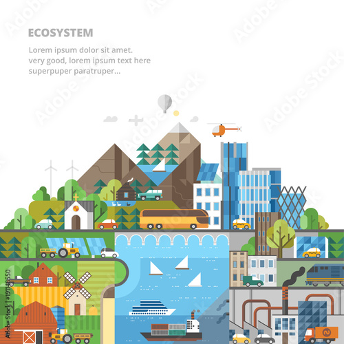 Ecology Concept. Environmental pollution and environment protection. Urban and village landscape.