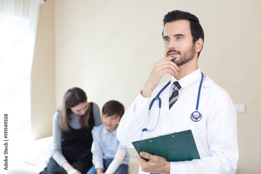 Doctor looking to camera with attractive smiling and patient background. People with medical concept. Doctor looking to camera with attractive smiling and patient background. People with medical concept.