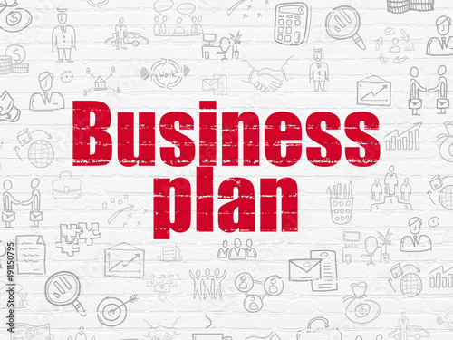 Finance concept  Painted red text Business Plan on White Brick wall background with  Hand Drawn Business Icons