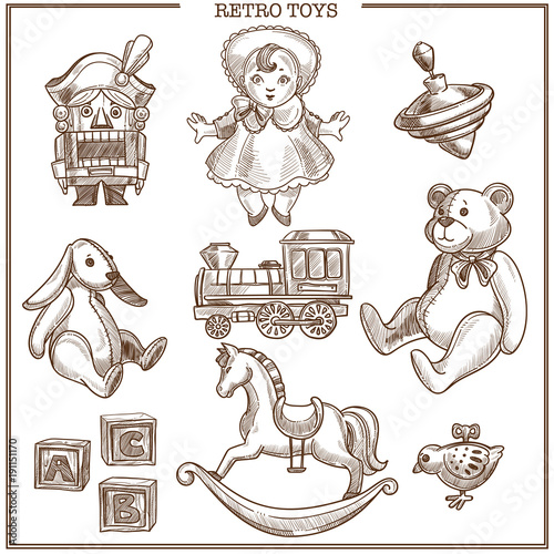 Retro toys sketch collection vector hand drawn isolated vintage icons set
