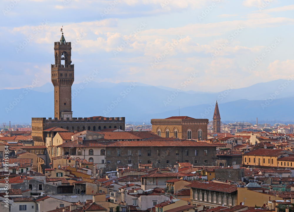 Panoramic view of old buolding called PALAZZO VECCHIO in Florence In Italy
