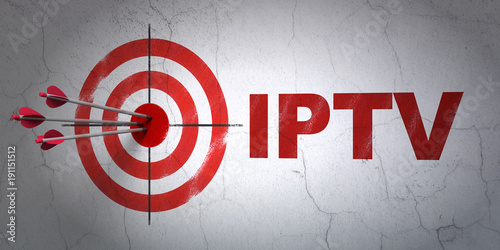 Success web design concept: arrows hitting the center of target, Red IPTV on wall background, 3D rendering