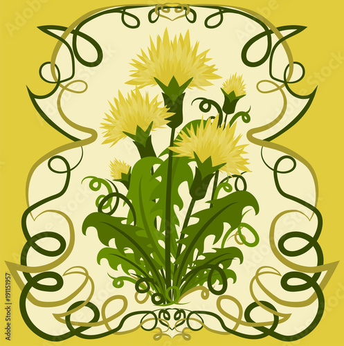 Fototapeta Naklejka Na Ścianę i Meble -  Floral card with dandelions in art nouveau style, vector illustration