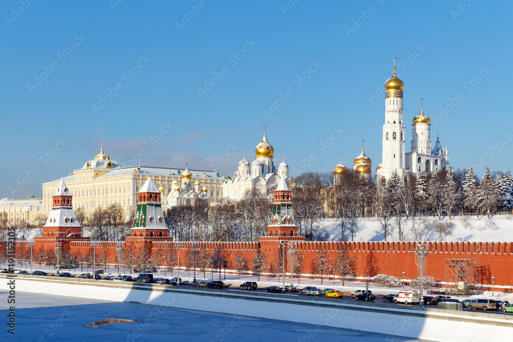 Moskva river and Kremlevskaya embankment under walls of Moscow Kremlin