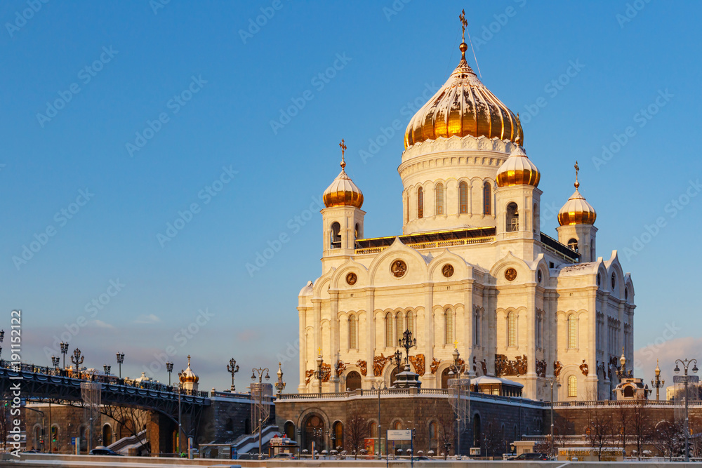 Cathedral of Christ the Saviour at sunny winter morning. Moscow in winter