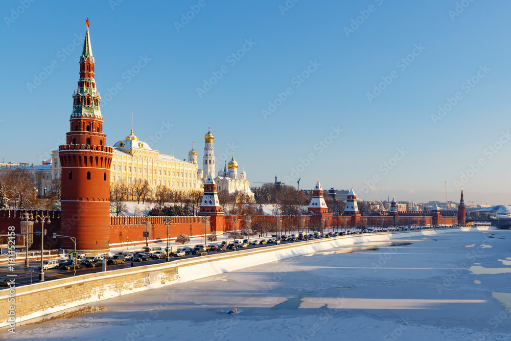 Moscow Kremlin against the background of Moskva river in sunny winter day