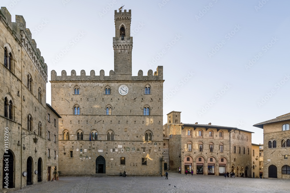 Priori Palace and Square in the afternoon light, Volterra, Pisa, Tuscany, Italy