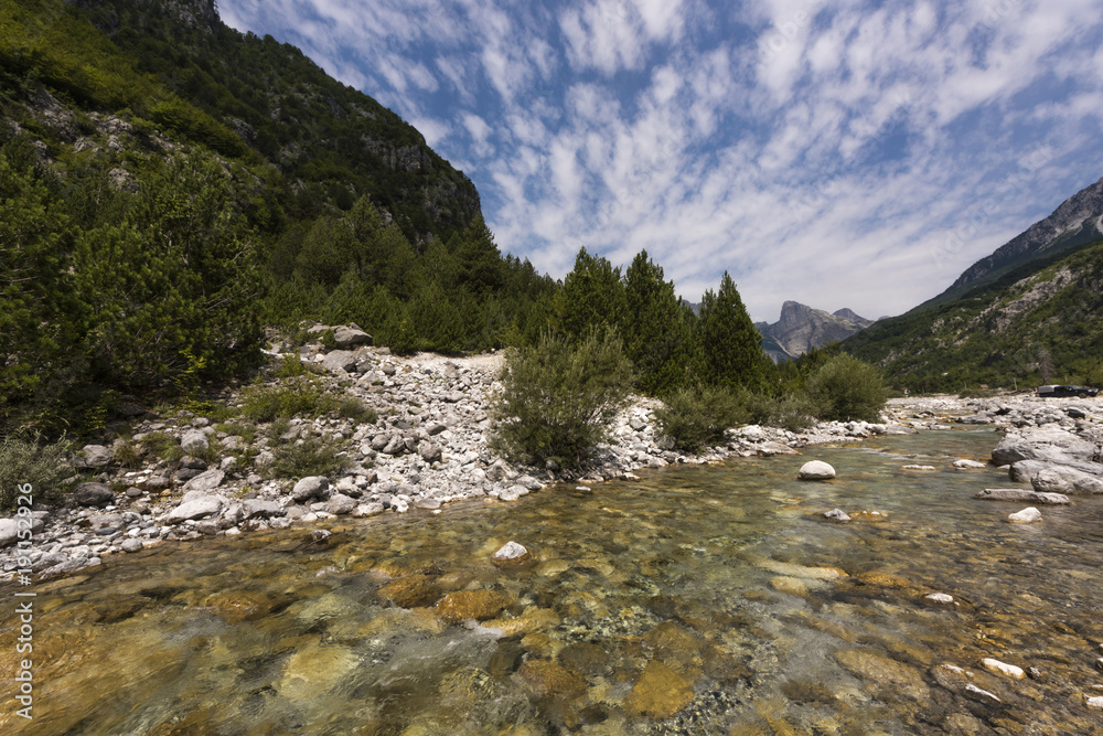 Clear mountain River Theth in Theth National Park, Shkodra region, Albania, Europe Clear mountain River Theth in Theth National Park, Shkodra region, Albania, Europe