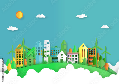 Green eco friendly city and nature forest urban landscape background.Paper art of ecology and environment conservation creative idea concept design.Vector illustration.
