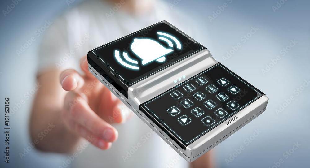 Businessman using home alarm security device 3D rendering Businessman using home alarm security device 3D rendering
