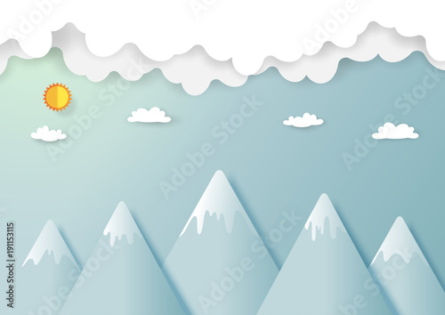 Nature landscape with clouds and mountains background.Paper art of ecology and environment conservation creative idea concept design.Vector illustration.