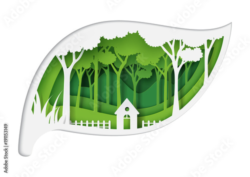 Green eco friendly living and forest nature landscape with ecology and environment conservation concept design with leaf shape of paper art style.Vector illustration.