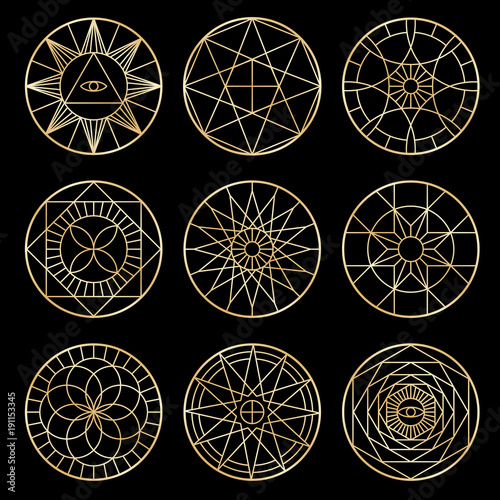 Esoteric geometric pentagrams. Spiritual sacred mystical vector symbols