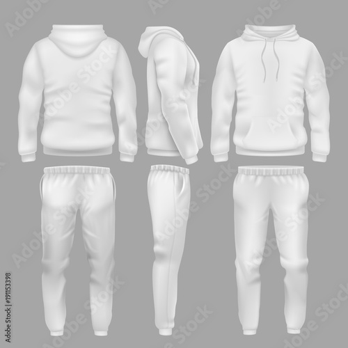 White hooded sweatshirt with sports trousers. Active sport wear hoodie and pants vector templates photo