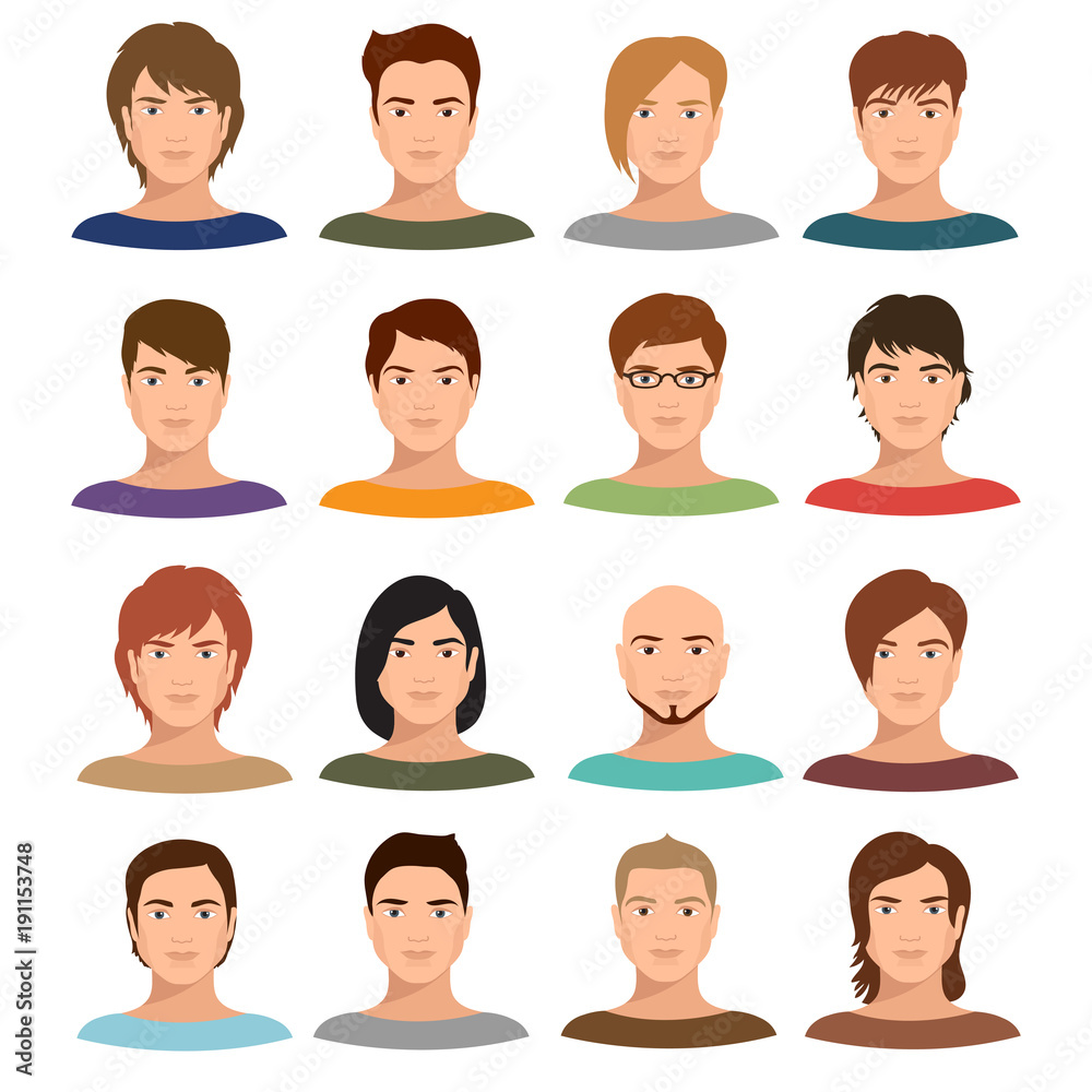 Fototapeta premium Young cartoon man portraits with various hairstyle. Male avatars vector set