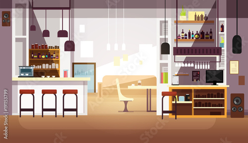 Modern empty bar or coffee shop vector flat interior