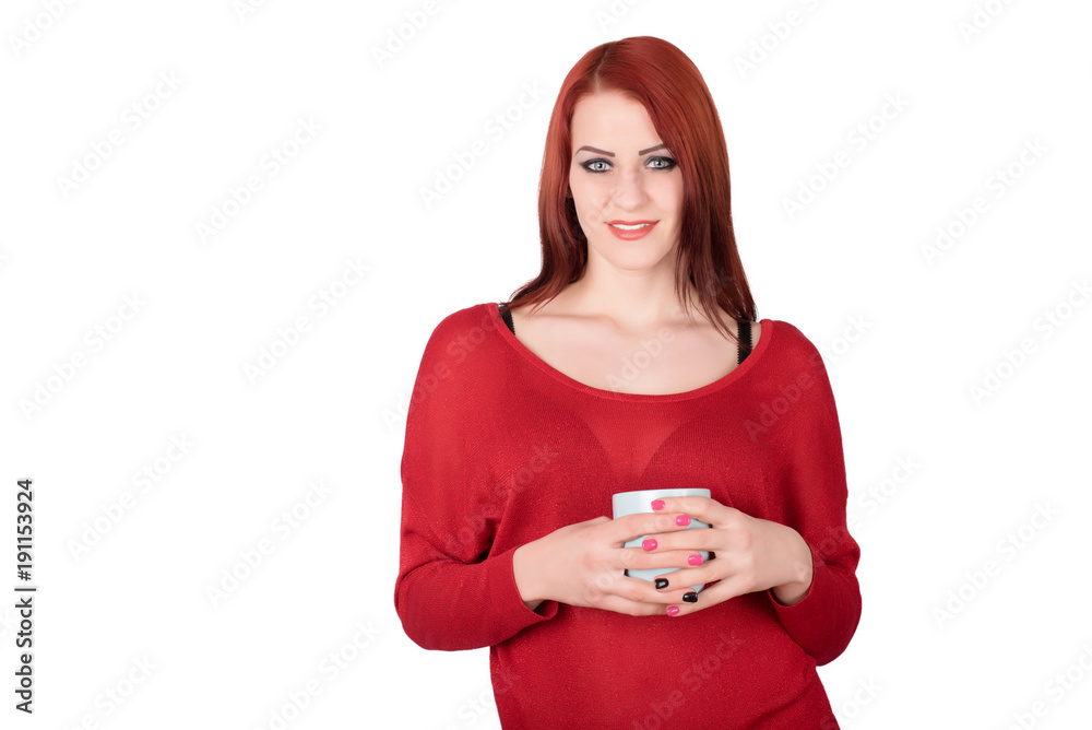 Beauty woman hold a cup of tea over the white background Beauty woman hold a cup of tea over the white background