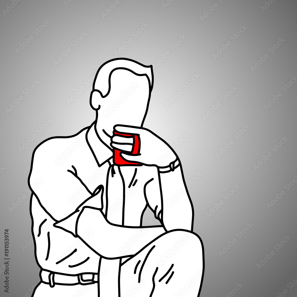 businessman drinking coffee after work vector illustration doodle sketch hand drawn with black lines isolated on gray background. Business concept.