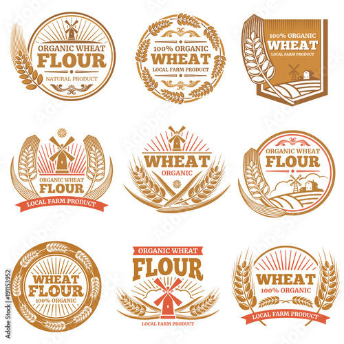 Organic wheat flour, farming grain products vector labels and logos