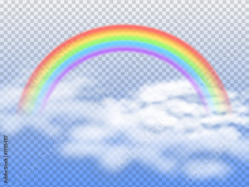 Rainbow arc with white clouds in blue sky 3d vector illustration