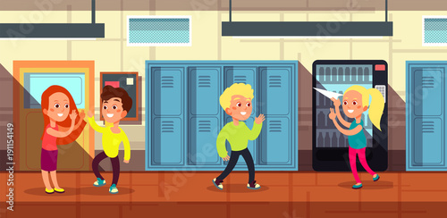 Schoolchildren in school corridor at classroom door cartoon vector illustration