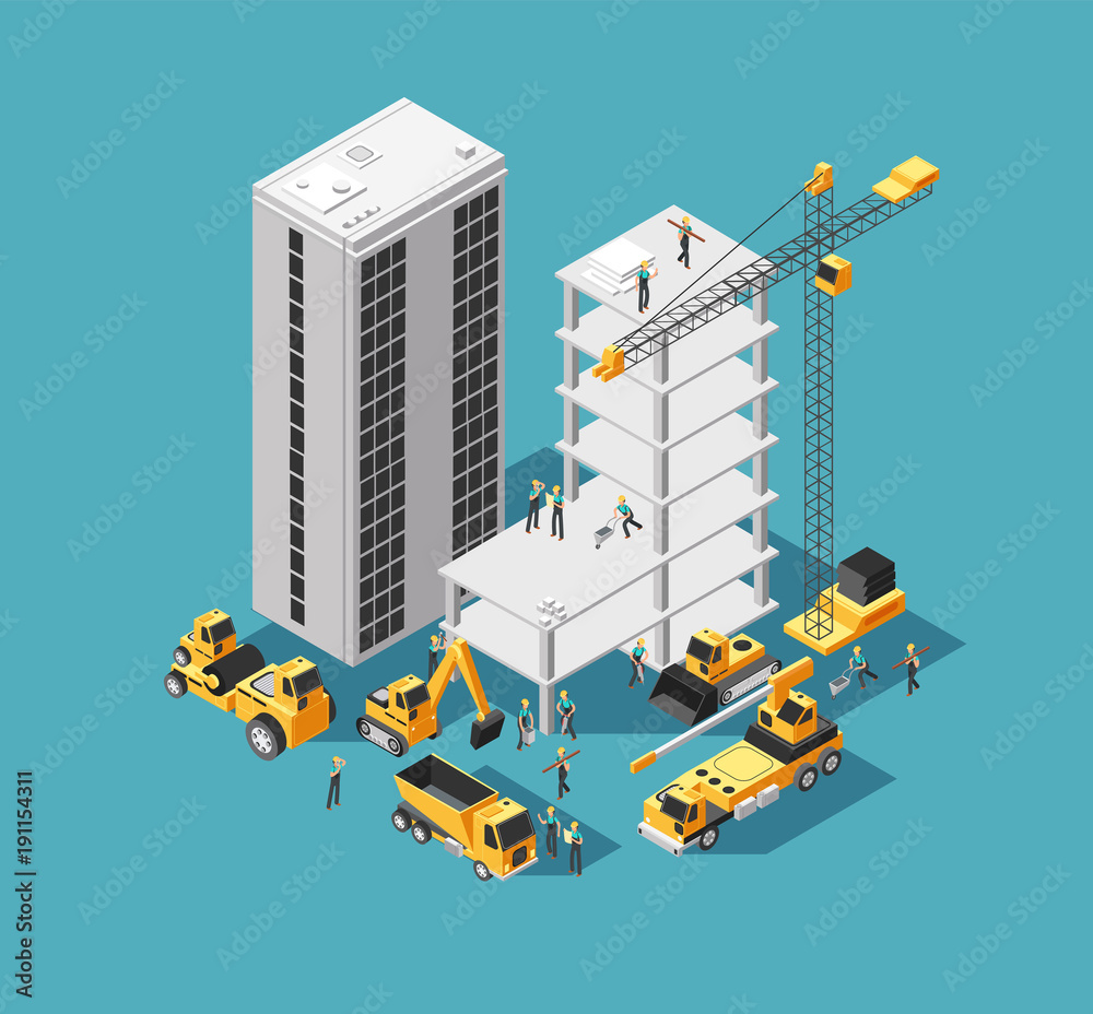 Building construction vector 3d isometric concept with builders and heavy  equipment. House construction site background Stock Vector | Adobe Stock