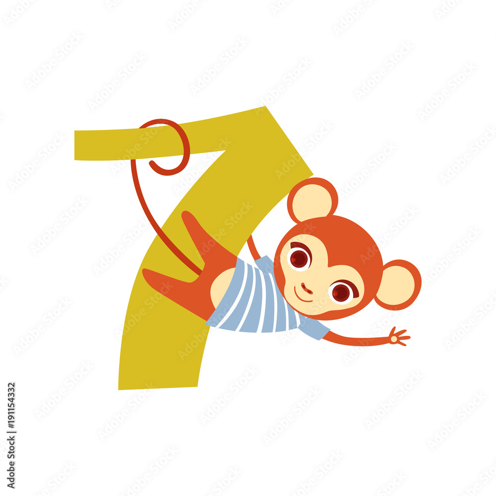Funny cute monkey animal and number seven, birthday anniversary, learn to count concept cartoon vector Illustration Stock Vector | Adobe Stock Funny cute monkey animal and number seven, birthday anniversary, learn to count concept cartoon vector Illustration Stock Vector | Adobe Stock
