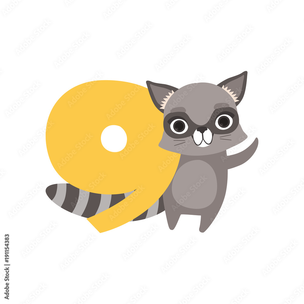 Funny raccoon animal and number nine, birthday anniversary, learn to count concept cartoon vector Illustration