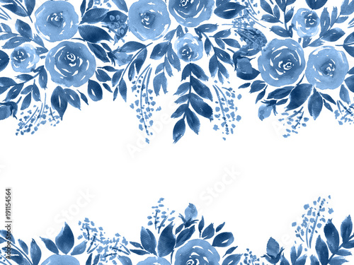 Watercolor roses greeting card. Hand painted floral composition in indigo blue