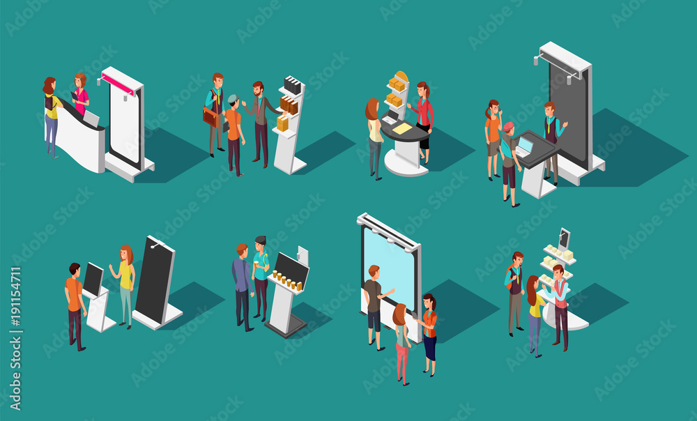 People standing at expo promotional stands vector 3d isometric set - obrazy, fototapety, plakaty 