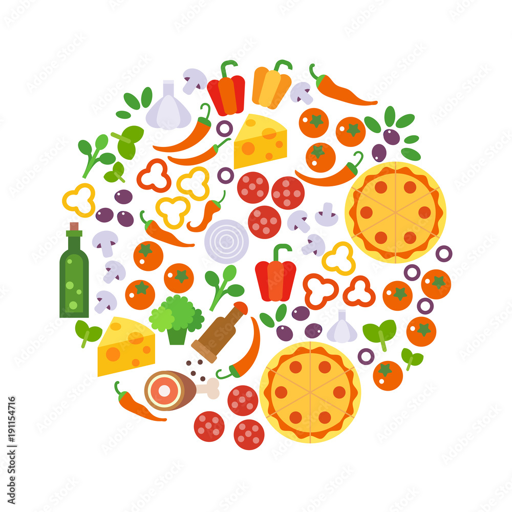 custom made wallpaper toronto digitalRound design element with pizza ingredients icons. Flat vector illustration isolated on white background