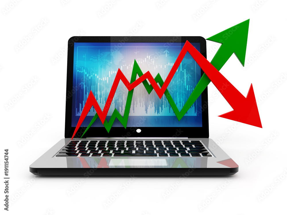 3d illustration inflation and deflation graph with computer 3d illustration inflation and deflation graph with computer